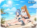  2girls ankle_belt ankle_flower ankle_strap aqua_bikini arm_strap artist_request assault_lily bare_arms bare_shoulders barefoot beach behind_another belt belt_buckle bikini bikini_under_clothes black_belt black_bow black_collar black_hairband black_shorts blonde_streaks blue_bikini blue_eyes blue_flower blue_hair blue_hairband blue_sky blush bow breasts brown_eyes brown_hair buckle clam_shell cleavage closed_mouth cloud collar commentary_request countdown countdown_illustration crescent crescent_earrings crop_top cumulonimbus_cloud cutoffs day ear_piercing earrings flower full_body hair_bow hairband halterneck hands_on_another's_shoulders hands_on_own_legs hands_up high_ponytail hoop_earrings horizon jewelry kariya_higure kneeling leaning_forward light_particles long_hair looking_at_another makino_mitake medium_breasts medium_hair multi-strapped_bikini_bottom multicolored_hair multicolored_hairband multiple_girls necklace o-ring_collar ocean off-shoulder_shirt off_shoulder official_alternate_costume official_alternate_hairstyle official_art on_ground open_mouth outdoors outstretched_arms panty_straps parted_bangs pendant piercing ponytail ring see-through_bikini see-through_clothes shirt short_shorts shorts sideways_glance sitting sky smile soles starfish streaked_hair striped_clothes striped_shirt studded_collar studs sun swimsuit translated two-tone_hairband vertical-striped_clothes vertical-striped_shirt very_long_hair white_belt white_shirt 