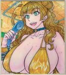  1girl :d aqua_eyes asymmetrical_hair bathroom bikini blonde_hair blue_choker bow bracelet breasts choker collarbone commentary_request earrings fingernails galko gold_bikini gyaru hair_bow hair_bun happy heart heart_o-ring heart_ring_choker holding holding_shower_head huge_breasts indoors jewelry long_hair multiple_bracelets o-ring o-ring_choker official_artist_extra one_side_up oshiete!_galko-chan pink_nails shikishi shower_head single_hair_bun single_side_bun smile solo stud_earrings suzuki_ken'ya swimsuit teeth upper_body upper_teeth_only wavy_hair wet yellow_bow 
