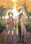  1boy 1girl :d ahoge amagase_touma amami_haruka bag beret black_pants black_shoes boots brown_bag brown_boots brown_coat brown_hair cardigan closed_mouth coat commentary_request day full_body green_eyes green_hat green_shirt hands_in_pockets hat highres idolmaster idolmaster_(classic) idolmaster_million_live! idolmaster_million_live!_theater_days idolmaster_side-m looking_at_viewer miniskirt mintpmintp no_hair_bow open_mouth outdoors pants park red_cardigan shirt shoes short_hair shoulder_bag skirt smile standing tree 