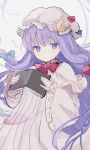  1girl absurdres book bow bowtie commentary_request crescent crescent_hat_ornament dress hair_bow hat hat_ornament highres holding holding_book karunabaru long_hair looking_at_viewer mob_cap patchouli_knowledge pink_bow pink_bowtie purple_eyes purple_hair solo striped_clothes striped_dress touhou translation_request very_long_hair white_dress white_hat 