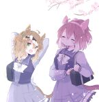  2girls absurdres ahoge animal_ears arms_up bag blush bow bowtie breasts brown_hair cherry_blossoms closed_eyes closed_mouth commentary_request dantsu_flame_(umamusume) ear_covers hair_between_eyes hair_ornament hairband hairclip highres horse_ears horse_girl horse_tail jewelry jungle_pocket_(umamusume) long_sleeves medium_breasts medium_hair multicolored_hair multiple_girls notched_ear open_mouth pink_hairband pleated_skirt purple_sailor_collar purple_serafuku purple_shirt purple_skirt reya_p_d3 sailor_collar sailor_shirt school_bag school_uniform serafuku shirt skirt small_breasts smile tail tracen_school_uniform umamusume white_background white_bow white_bowtie white_hair winter_uniform yellow_eyes 