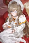  1girl absurdres blue_eyes bonnet brown_hair commentary_request cup frilled_nightgown genshin_impact highres holding holding_cup holding_plate long_hair nightgown pajamas plate sandrone_(genshin_impact) sandrone_(the_final_gift)_(genshin_impact) sleepover sleepwear socks solo taira_(taira_oekaki) tea teacup very_long_hair white_bathrobe white_bonnet white_gown white_nightgown white_pajamas white_socks 