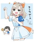  2girls :d animal_ears blue_background blue_eyes blue_shirt blue_skirt candy ceras_yanagida_lilienfeld collarbone commentary_request cowboy_shot cropped_legs edel_note fake_animal_ears fake_tail food fox_ears fox_tail grey_hair hair_ribbon hasu_no_sora_school_uniform highres hokkaido_nippon-ham_fighters holding holding_candy holding_food holding_lollipop kanduki_kamibukuro katsuragi_izumi kitsune_dance lollipop long_hair looking_at_viewer love_live! love_live!_hasu_no_sora_jogakuin_school_idol_club multiple_girls open_mouth paw_pose pink_ribbon pleated_skirt ribbon school_uniform shirt short_sleeves skirt smile standing summer_uniform swirl_lollipop tail translation_request virtual_youtuber 