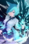  1girl absurdres animal_ears black_thighhighs blue_eyes blue_hair boots breasts commentary_request fox_ears fox_girl fox_tail hair_ornament hair_over_one_eye highres ice konosaka_tsurara korigitsune looking_at_viewer medium_breasts miniskirt multiple_tails necktie original shards shirt short_hair skirt solo tail thighhighs two-tone_skirt 
