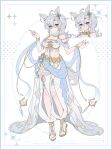  1girl absurdres ahoge animal_ears arabian_clothes blue_eyes blue_eyeshadow breasts cleavage closed_mouth commission dancer duximeng eyeshadow full_body grey_hair harem_outfit highres horse_ears horse_girl horse_tail jewelry long_hair looking_at_viewer makeup margaretha_zelle medium_breasts multiple_views navel original pants sandals smile tail veil 