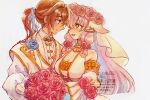  1boy 1girl alternate_costume animal_ears blue_flower blue_rose blush bouquet breasts bridal_veil bride brown_hair cleavage couple detached_sleeves dress flower groom hair_flower hair_ornament haruno_(harunok121) high_ponytail highres hina_(rune_factory) horns husband_and_wife large_breasts long_hair looking_at_another pink_hair ponytail red_flower red_rose rose rune_factory rune_factory:_guardians_of_azuma rune_factory_5 smile subaru_(rune_factory) suit tuxedo veil wedding wedding_dress white_dress white_suit 