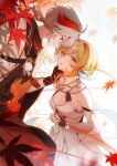  1boy 1girl absurdres bare_shoulders black_gloves blonde_hair breasts cleavage closed_mouth commentary_request couple detached_sleeves dress falling_leaves feather_hair_ornament feathers fingerless_gloves genshin_impact gloves grey_hair hair_ornament hand_on_another's_cheek hand_on_another's_face hetero highres hoxino japanese_clothes kaedehara_kazuha leaf long_hair looking_at_another lumine_(genshin_impact) maple_leaf medium_breasts multicolored_hair parted_lips ponytail red_eyes red_hair redrawn short_hair_with_long_locks streaked_hair string string_of_fate white_dress yellow_eyes 
