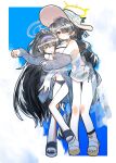  2girls affectionate bikini black_bikini black_hair blue_archive blue_sky blush border braid breasts cardigan cloud_background commentary_request embarrassed face_to_breasts frown full_body grey_cardigan hair_over_one_eye hairband halo hat height_difference highres hinata_(blue_archive) hinata_(swimsuit)_(blue_archive) hug hug_from_behind large_breasts long_hair long_sleeves looking_at_another multiple_girls one-piece_swimsuit open_cardigan open_clothes outside_border ponytail purple_eyes purple_hairband red_eyes sandals sarong shinbashi_seiji single_braid sky smile standing standing_on_one_leg sun_hat swimsuit ui_(blue_archive) ui_(swimsuit)_(blue_archive) very_long_hair white_border white_one-piece_swimsuit 