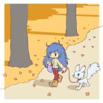  1girl \m/ animal autumn_leaves bag black_shorts blue_hair boots brown_boots brown_jacket closed_mouth commentary_request day dog holding holding_leash jacket kabiinyo_(kab) leaf leash long_hair original outdoors pantyhose pantyhose_under_shorts red_pantyhose short_shorts shorts smile solo tree very_long_hair walking 