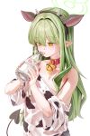  1girl absurdres animal_ear_hairband animal_ears bell birthday black_horns blue_archive bottle cow_ear_hairband cow_ears cow_print_shirt cowboy_shot drinking fake_animal_ears green_hair green_halo hairband halo highres hikari_(blue_archive) holding holding_bottle horns kraken_mikan long_hair milk_bottle neck_bell open_mouth pointy_ears simple_background single_off_shoulder solo white_background yellow_eyes 