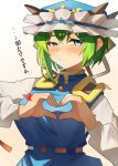 1girl :/ absurdres blue_eyes blue_hat blue_vest blush breasts closed_mouth commentary_request ear_blush embarrassed epaulettes frilled_hat frills gradient_background green_hair hat heart heart_hands highres long_sleeves looking_at_viewer medium_breasts orange_background raian_macaroni shiki_eiki shirt sleeve_bow solo touhou translation_request vest white_shirt 