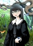  1girl animal_on_hand arm_at_side aviator_glasses black_hair black_mamba black_necktie black_serafuku black_shirt black_skirt bloom blue_butterfly breasts bug butterfly commentary cross cross_necklace earrings english_commentary fern foliage giba_ryan glasses greenhouse half-closed_eyes highres jewelry long_hair long_sleeves looking_at_viewer medium_breasts necklace necktie open_mouth orange_butterfly original pleated_skirt poison_dart_frog sailor_collar school_uniform serafuku shirt skirt smile snake solo upper_body white_sailor_collar 