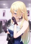  1girl absurdres aizawa_ema aizawa_ema_(1st_costume) aqua_hair bad_id bad_twitter_id bare_shoulders black_bow black_gloves blonde_hair blue_dress blue_eyes blurry blurry_background blush bow breasts cat_earrings choker closed_mouth criss-cross_halter dress ear_blush earrings gloves gradient_hair hair_flaps hair_ornament halterneck hand_to_own_mouth highres jewelry lace lace_choker large_breasts long_hair multicolored_hair sleeveless sleeveless_dress solo virtual_youtuber vspo! yuu_maraa 