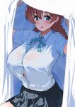  1girl aqua_eyes black_skirt blue_shirt blush bra_visible_through_clothes braid breasts brown_hair bursting_breasts collared_shirt commentary emma_verde freckles hair_between_eyes heart heart-shaped_pupils highres large_breasts looking_at_viewer love_live! love_live!_nijigasaki_high_school_idol_club low_twin_braids nijigasaki_school_uniform open_mouth pisagi pleated_skirt school_uniform shirt shirt_tucked_in short_sleeves sidelocks skirt solo symbol-shaped_pupils twin_braids under_covers underboob 