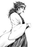  1boy artist_name buttons commentary_request cowboy_shot demon_slayer_uniform greyscale haori high_collar highres jacket japanese_clothes katana kimetsu_no_yaiba latte_s12 long_hair looking_ahead low_ponytail male_focus monochrome ponytail profile simple_background solo standing sword tomioka_giyuu weapon white_background 