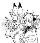  2girls animal_ears arknights closed_eyes collared_shirt crossed_arms extra_ears fox_ears fox_girl franka_(arknights) gloves greyscale haruichi_(sazanami_complex) id_card index_finger_raised jacket liskarm_(arknights) long_hair long_sleeves monochrome multiple_girls open_clothes open_jacket open_mouth ponytail shirt simple_background sketch upper_body watermark white_background 