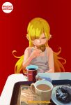  bakemonogatari blonde_hair cake coffee cup dokujaga donut dress food highres holding holding_food long_hair looking_at_viewer mister_donut monogatari_(series) on_table oshino_shinobu pout red_background simple_background table tray white_dress yellow_eyes 