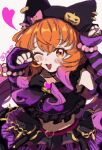  1girl animal_earrings animal_ears arm_warmers black_hat blush breasts commentary_request ears_under_headwear emo_fashion fingerless_gloves gloves hat heart highres horse_ears horse_girl jack-o'-lantern_hat_ornament long_hair looking_at_viewer low_twintails mayano_top_gun_(rockin'_mewmeow)_(umamusume) mayano_top_gun_(umamusume) midriff official_alternate_costume official_alternate_hairstyle one_eye_closed open_mouth orange_eyes orange_hair pumpkin_brooch purple_arm_warmers sasanoha579 skirt small_breasts smile solo twintails umamusume 