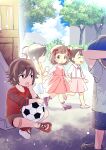  2girls 3boys absurdres aged_down ahoge amagase_touma amami_haruka ball bandaid bandaid_on_knee bandaid_on_leg bow brown_eyes brown_hair brown_shorts commentary_request day dress green_eyes hair_bow highres idolmaster idolmaster_(classic) idolmaster_side-m mintpmintp multiple_boys multiple_girls multiple_hair_bows outdoors pink_dress playground red_bow red_shirt red_shoes shirt shoes short_hair shorts sitting soccer_ball standing walking 