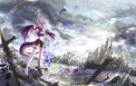  1girl black_gloves breasts bridge brown_shoes brown_shorts canop_s castle cleavage cleavage_cutout clothing_cutout colorful_clouds dragon_girl dragon_horns dragon_tail dragon_wings fire flaming_sword flaming_weapon full_body gloves grape_(vtuber) highres horns indie_virtual_youtuber large_breasts looking_at_viewer midriff pink_eyes pink_hair pointy_ears ponytail purple_horns purple_scales purple_wings shoes shorts single_thighhigh solo standing sword tail thigh_strap thighhighs virtual_youtuber weapon white_thighhighs wings 