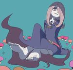  barefoot black_dress blue_background crossed_legs dress feet hair_over_one_eye haruyama_kazunori little_witch_academia long_hair long_sleeves looking_at_viewer mushroom no_panties pink_hair red_eyes simple_background sitting smile soles solo sucy_manbavaran 