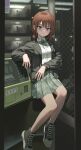  1girl absurdres black_jacket black_shoes blue_eyes brown_hair check_commentary closed_mouth commentary_request english_commentary girls_band_cry green_ribbon green_skirt highres iseri_nina jacket low_twintails neck_ribbon open_clothes open_jacket payphone phone phone_booth plaid_clothes plaid_skirt pleated_skirt ribbon shirt shoes short_hair short_twintails skirt sneakers solo twintails white_shirt xzu 