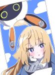  absurdres ahoge bangboo_(zenless_zone_zero) blonde_hair blue_background blue_coat blue_jacket blush cloud cloudy_sky coat commentary_request eous_(zenless_zone_zero) gloves hand_on_own_face highres hutsugyou jacket norma_hollowell picture_frame purple_eyes sky white_background white_gloves zenless_zone_zero 