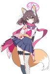  1girl :o animal_ear_fluff animal_ears black_gloves black_socks blue_archive blue_sailor_collar blue_skirt blush breasts brown_hair colored_inner_animal_ears commentary eyeshadow fingerless_gloves fishnet_thighhighs fishnets floral_print fox_ears fox_girl fox_hair_ornament fox_tail full_body gloves hair_intakes hair_ornament halo holding_own_skirt izuna_(blue_archive) large_tail lmg7811 looking_at_viewer makeup neckerchief open_mouth pink_eyeshadow pink_halo pink_neckerchief pink_scarf pleated_skirt pom_pom_(clothes) pom_pom_hair_ornament sailor_collar scarf shirt short_hair simple_background skirt sleeveless sleeveless_shirt small_breasts socks solo standing tail thighhighs white_background white_shirt yellow_eyes 