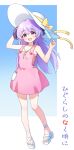  1girl absurdres arm_behind_head commentary copyright_name dress food full_body hand_up hanyuu hat hat_ribbon highres higurashi_no_naku_koro_ni holding holding_food holding_popsicle horns looking_at_viewer open_mouth pink_dress popsicle purple_eyes purple_hair ribbon sandals sleeveless sleeveless_dress smile solo ssalyun teeth upper_teeth_only white_hat white_sandals yellow_ribbon 