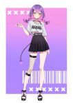  1girl alternate_costume barbell_piercing belt black_bow black_skirt bow braid center-flap_bangs clothes_writing colored_inner_hair commentary demon_girl demon_tail double-parted_bangs ear_piercing full_body gradient_hair green_eyes hair_bow hair_ornament hairclip hand_up high-waist_skirt highres hololive industrial_piercing jewelry low_twin_braids medium_hair miniskirt multicolored_hair nail_polish nametakeko necklace piercing pink_hair platform_sandals pleated_skirt pointy_ears purple_hair sandals shirt single_fishnet_legwear single_off_shoulder skirt solo t-shirt tail toenail_polish toenails toes tokoyami_towa twin_braids untranslatable_commentary virtual_youtuber white_shirt 