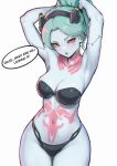 1girl absurdres armpits arms_up black_bra black_panties blush bra breasts chascoby colored_sclera colored_skin commentary cowboy_shot curious cyberpunk:_edgerunners cyberpunk_(series) cyborg english_text green_hair grey_skin hand_in_own_hair highres looking_at_viewer mechanical_eyes medium_breasts navel neck_tattoo open_mouth panties pink_tattoo ponytail rebecca_(cyberpunk) red_sclera simple_background skeptical skin_seams solo speech_bubble standing stomach_tattoo tattoo thigh_gap tying_hair underwear underwear_only white_background 