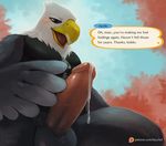  animal_crossing apollo_(animal_crossing) avian balls beak bird black_balls blush bottomless clothed clothing dialogue eagle english_text erection haychel humanoid_penis male nintendo penis precum text video_games 