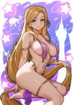  1girl absurdly_long_hair alternate_costume animification armlet artist_name barefoot blonde_hair border breast_curtains breasts chameleon closed_mouth collarbone commentary curtained_hair english_commentary foot_out_of_frame gold_armlet gold_thighlet gradient_background green_eyes harem_outfit highres holding_own_hair jewelry large_breasts long_hair looking_at_viewer navel outside_border paid_reward_available rapunzel_(disney) redjet revealing_clothes smile solo star_(symbol) tangled thighlet tower very_long_hair web_address white_border 