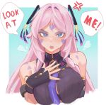  1girl anger_vein angry blue_eyes breasts citlali_(genshin_impact) commentary english_commentary english_text facial_mark feathers fellcavte floating_headgear forehead_mark genshin_impact hair_intakes headgear highres leotard open_mouth pink_pupils purple_feathers purple_nails ribbed_leotard solo triangle triangle_facial_mark turtleneck turtleneck_leotard upper_body 