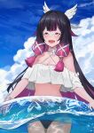  1girl alternate_costume ayul_(ayulneri_92) bikini black_bikini black_hair blush bow bowtie breasts closed_eyes cloud columbina_(genshin_impact) commentary criss-cross_halter day eye_mask genshin_impact halterneck highres holding holding_swim_ring innertube long_hair long_sidelocks mask medium_breasts mismatched_bikini multicolored_hair off-shoulder_bikini off_shoulder open_mouth outdoors purple_hair sidelocks sky solo stomach swim_ring swimsuit very_long_hair wading water white_bikini white_bow white_bowtie 