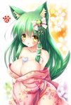  animal_ears bare_shoulders blush breasts cleavage commentary_request frog frog_hair_ornament green_hair hair_ornament highres japanese_clothes kimono kochiya_sanae large_breasts long_hair open_mouth osashin_(osada) snake snake_hair_ornament solo tail touhou wide_sleeves wolf_ears yellow_eyes 