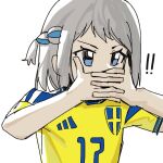  ! !! 1girl adidas blue_eyes blue_hair braid commentary country_connection covered_mouth covering_own_mouth gakuen_idolmaster grey_hair half_up_braid highres idolmaster interlocked_fingers katsuragi_lilja krisame_amane looking_ahead multicolored_hair own_hands_clasped own_hands_together pose_imitation shirt short_hair short_sleeves simple_background soccer_uniform sportswear swedish_flag upper_body viktor_gyokeres white_background yellow_shirt 