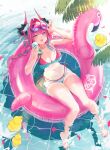  1girl alternate_costume arknights arknights:_endfield bikini black_horns blue_eyes braid breasts can cleavage dragon_girl dragon_horns dragon_tail drink drink_can eyewear_on_head flamingo_innertube hair_intakes halterneck highres holding holding_can holding_drink horns innertube large_breasts long_hair matsuoka_(mtok_0) multicolored_hair multicolored_horns nail_polish navel on_innertube open_mouth outdoors pink-tinted_eyewear pink_bikini pink_hair pink_horns pink_nails pointy_ears pool round_eyewear rubber_duck side-tie_bikini_bottom solo streaked_hair string_bikini sunglasses swim_ring swimsuit tail tinted_eyewear twin_braids two-tone_hair two-tone_horns water yvonne_(arknights) 