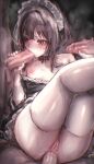  1girl 3boys absurdres anal autreeyah blush breasts brown_hair censored commentary double_handjob fellatio foursome gangbang group_sex handjob hetero highres kono_subarashii_sekai_ni_shukufuku_wo! legs_together maid maid_headdress megumin mosaic_censoring multiple_boys nipples oral penis pussy red_eyes sex sex_from_behind small_breasts solo_focus thighhighs white_thighhighs 