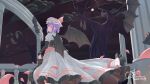  1girl absurdres bare_tree bat_(animal) bat_wings black_crown c2215721819 chinese_commentary commentary_request crown embellished_costume falling_petals full_moon hat hat_ribbon highres long_sleeves looking_at_viewer medium_hair mob_cap moon night petals pink_petals purple_hair red_eyes remilia_scarlet ribbon shirt skirt skirt_set solo touhou tree white_hat white_shirt white_skirt wings 