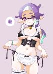  1girl absurdres apron aqua_hair artist_name bell bikini black_bikini black_bow black_choker black_corset bow bracelet breasts cameltoe choker cleavage closed_mouth commentary_request corset covered_nipples frilled_bikini frilled_thigh_strap frills gradient_hair highres holding holding_string inkling inkling_girl inkling_player_character jewelry jingle_bell kurumi_(ikach) large_breasts long_hair looking_at_viewer mole mole_under_eye multicolored_hair navel neck_bell pointy_ears purple_background purple_eyes purple_hair short_eyebrows side-tie_bikini_bottom simple_background solo splatoon_(series) spoken_squiggle squiggle stomach string swimsuit syoutoktaishi_63 tentacle_hair thigh_strap thighs twitter_username waist_apron 