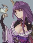  1girl bird bird_on_hand black_gloves black_shrug breasts cleavage closed_mouth commentary_request elbow_gloves expressionless fingerless_gloves genshin_impact gloves grey_background japanese_clothes kimono long_hair medium_breasts off_shoulder purple_eyes purple_hair purple_kimono raiden_shogun sankansan shrug_(clothing) simple_background solo upper_body 