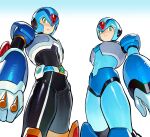  2boys absurdres android armor black_bodysuit blue_armor blue_background blue_helmet bodysuit buzzsaw_(6631455) chinese_commentary clenched_hand closed_mouth commentary_request cowboy_shot expressionless forehead_jewel from_below gradient_background green_eyes helmet highres looking_at_viewer male_focus mega_man_(series) mega_man_x:_command_mission mega_man_x_(series) multiple_boys new_armor_x_(mega_man) simple_background standing two-tone_background white_background x_(mega_man) 