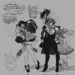  5girls angels_of_delusion aria_(human)_(zenless_zone_zero) aria_(zenless_zone_zero) astra_yao eous_(zenless_zone_zero) evelyn_chevalier full_body greyscale high_heels highres hug long_hair monochrome multiple_girls nangong_yu saltsaltsalt13 smile sunna_(zenless_zone_zero) zenless_zone_zero 