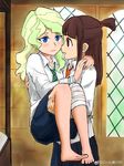  bandage_on_knee bandages bangs barefoot blonde_hair blue_eyes blunt_bangs blush brown_hair carrying commentary_request diana_cavendish eyebrows_visible_through_hair hair_ribbon harry_potter hogwarts_school_uniform kagari_atsuko little_witch_academia long_hair multiple_girls necktie open_mouth ponytail princess_carry red_eyes ribbon school_uniform short_ponytail striped striped_neckwear yuri 