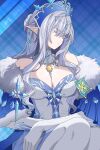  1girl absurdres anastasya_feodorovna_snezhnaya aristocratic_clothes bare_shoulders blue_eyes blue_gem blue_sleeves blue_tiara braid braided_base breasts bright_pupils brooch closed_mouth collar colored_eyelashes commentary_request cross-shaped_pupils crystal_earrings detached_collar detached_sleeves dress earrings elbow_gloves fur-trimmed_sleeves fur_trim gem genshin_impact gloves grey_hair hair_intakes half_up_braid hand_up highres jewelry large_breasts long_sidelocks looking_at_viewer medium_breasts pointy_ears purple_gloves short_hair short_hair_with_long_locks sidelocks snowflake_print snowflake_pupils solo strapless strapless_dress symbol-shaped_pupils tsurime upper_body user_tkjh3378 white_collar white_dress white_eyelashes white_pupils yellow_gem 