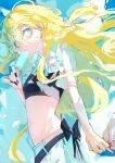  2girls absurdres belt black_belt black_bow black_nails blonde_hair blue_sky bow braid breasts cloud commentary_request crop_top floating_hair food hair_between_eyes hair_bow hakurei_reimu highres holding holding_food holding_hands holding_popsicle kirisame_marisa long_hair mashi_(umashiodare) multiple_girls nail_polish navel popsicle red_nails side_braid single_braid sky small_breasts solo_focus touhou very_long_hair waist_bow white_bow yellow_eyes yuri 