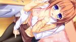  1boy 1girl bed belt black_pantyhose blue_eyes book bra breasts breasts_out brown_hair brown_skirt cardigan chair cleavage collarbone desk dutch_angle embarrassed from_above game_asset grabbing_another's_breast grabbing_from_behind groping hair_intakes hand_on_another's_crotch hands_up hinata_nao hoshimi_yuki indoors long_hair long_sleeves miniskirt neck_ribbon non-web_source official_art open_cardigan open_clothes open_mouth pantyhose pen pink_bra pink_shirt pleated_skirt ribbon sailor_collar shirt skirt standing underwear undone_neck_ribbon white_belt white_sailor_collar white_shirt yellow_cardigan yuuwaku_scramble 