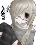  1girl bkn_ssss black_eyes black_thighhighs blonde_hair commentary_request commission fang freckles glasses hair_ornament hairclip highres musical_note open_mouth original piercing print_sweater razor_blade_hair_ornament red_skirt skirt sweater thighhighs twintails 