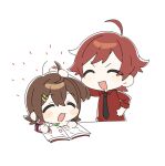  1boy 1girl ^_^ ahoge ap_bar black_necktie blush_stickers book brown_hair chibi chibi_only closed_eyes commentary_request hair_ornament hairclip headpat holding holding_pen idolmaster idolmaster_million_live! idolmaster_side-m kasuga_mirai necktie open_book pen red_hair red_shirt shirt short_hair simple_background tendo_teru white_background writing 